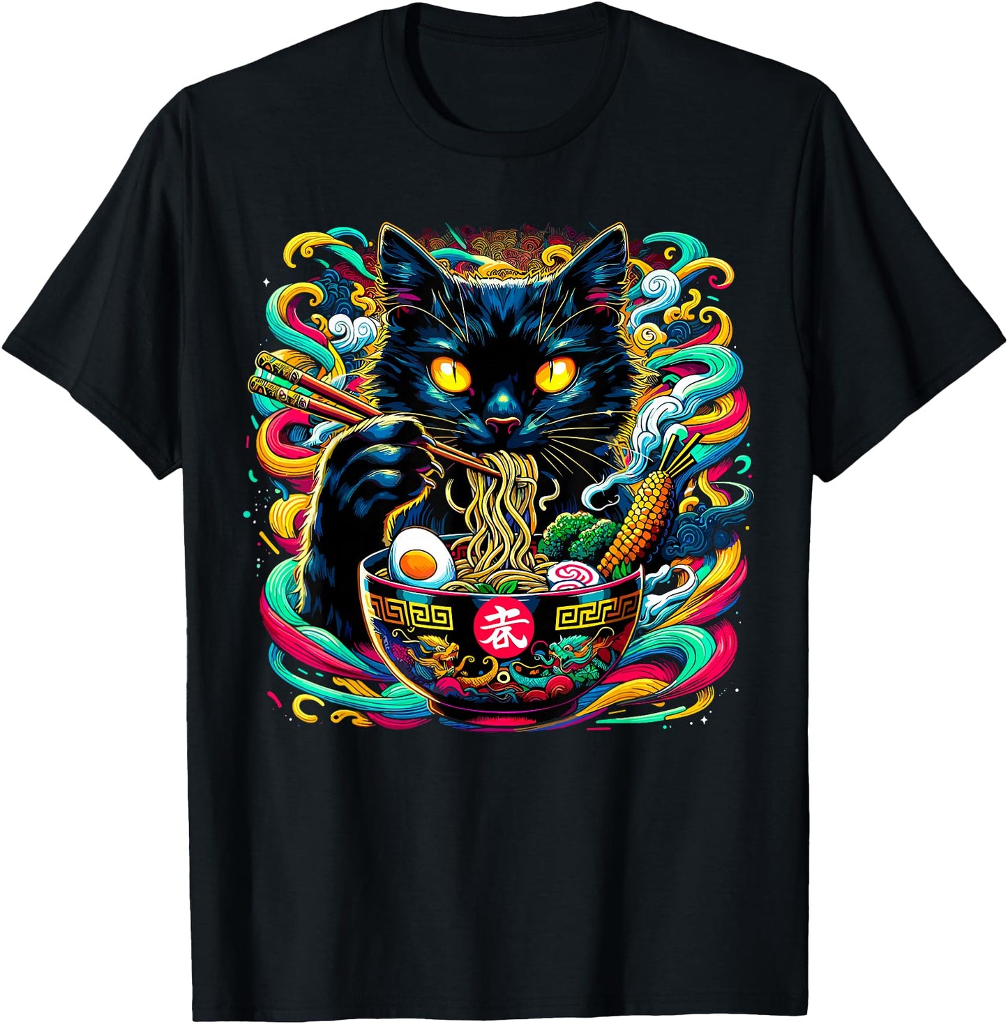 Colorful Cat Eating Ramen Japanese Noodles