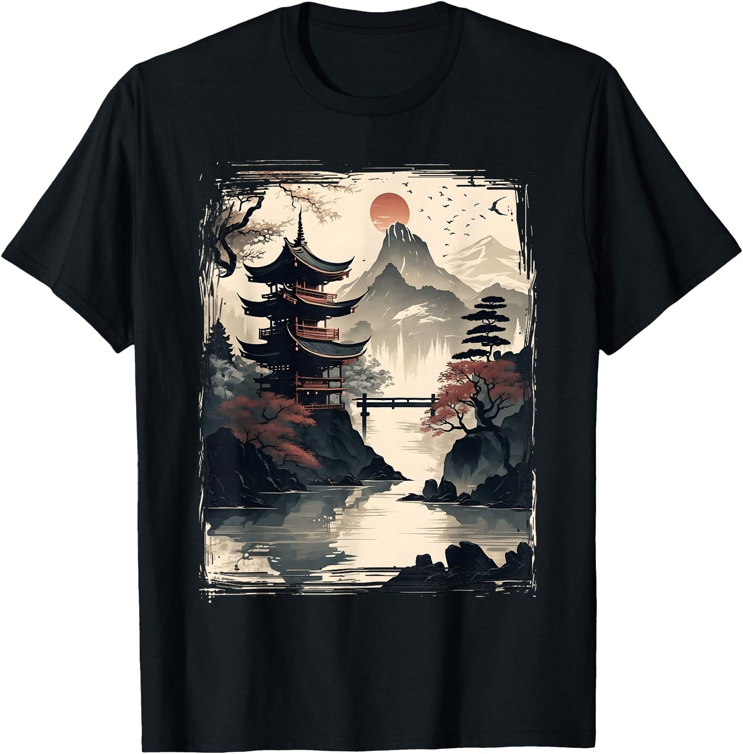 Vintage Japanese Flower Tee Mountain View Landscape Graphic