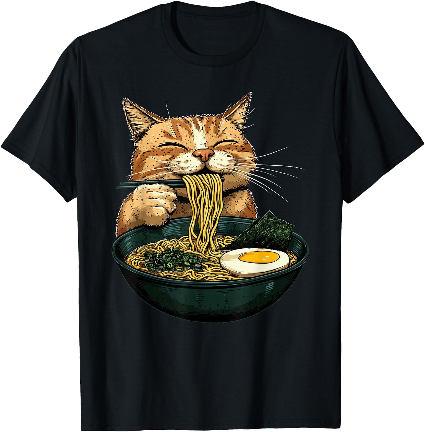 Funny Cat Eating Ramen Japanese Graphic Tee Anime Kawaii Cat