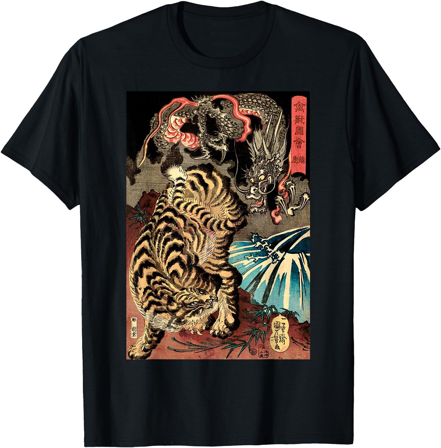 Retro Vintage Dragon Fighting The Giant Tiger Japanese