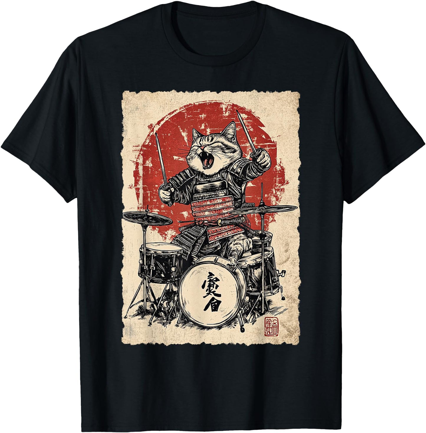 Vintage Japanese Music Samurai Cat Playing on Drum for