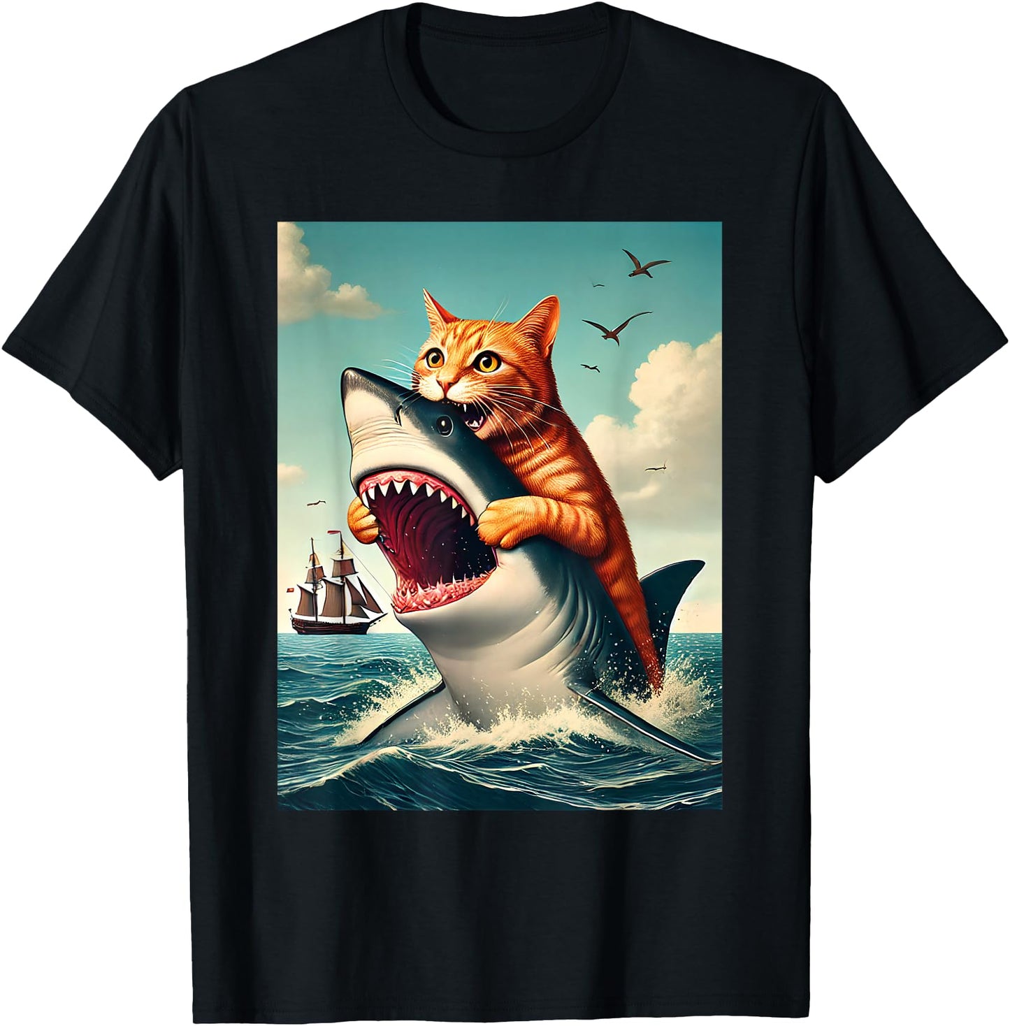 Orange Cat Biting Shark Humorous Playful Funny Cat and Shark