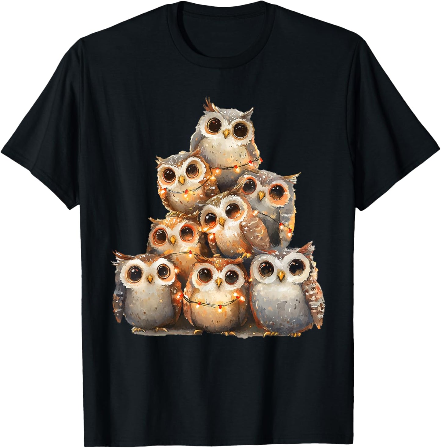 Owl Lights Christmas Xmas Gifts Unisex Adults Kids Owl Lover Xmas T-Shirt Black Small Short Sleeve Round Neck