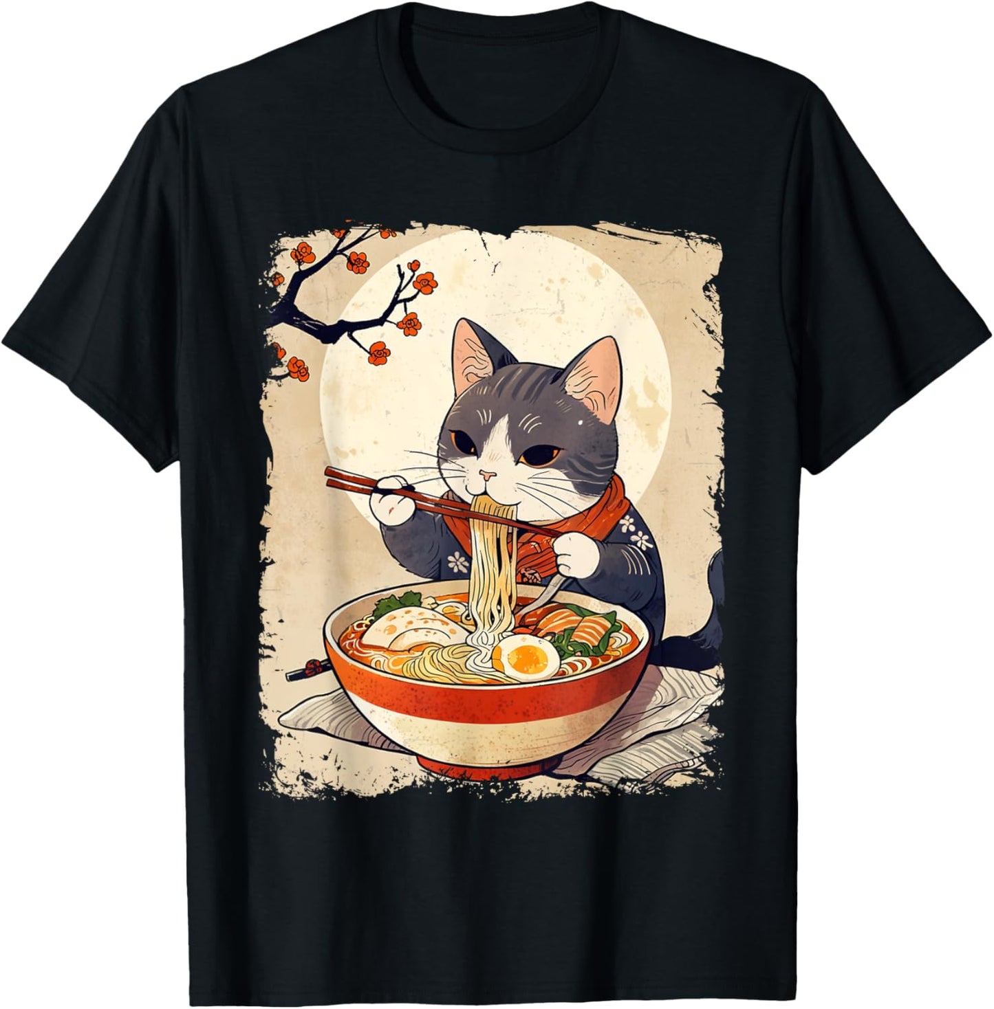 Kawaii Cat Eating Ramen Japanese Anime Ukiyo-e Funny Graphic