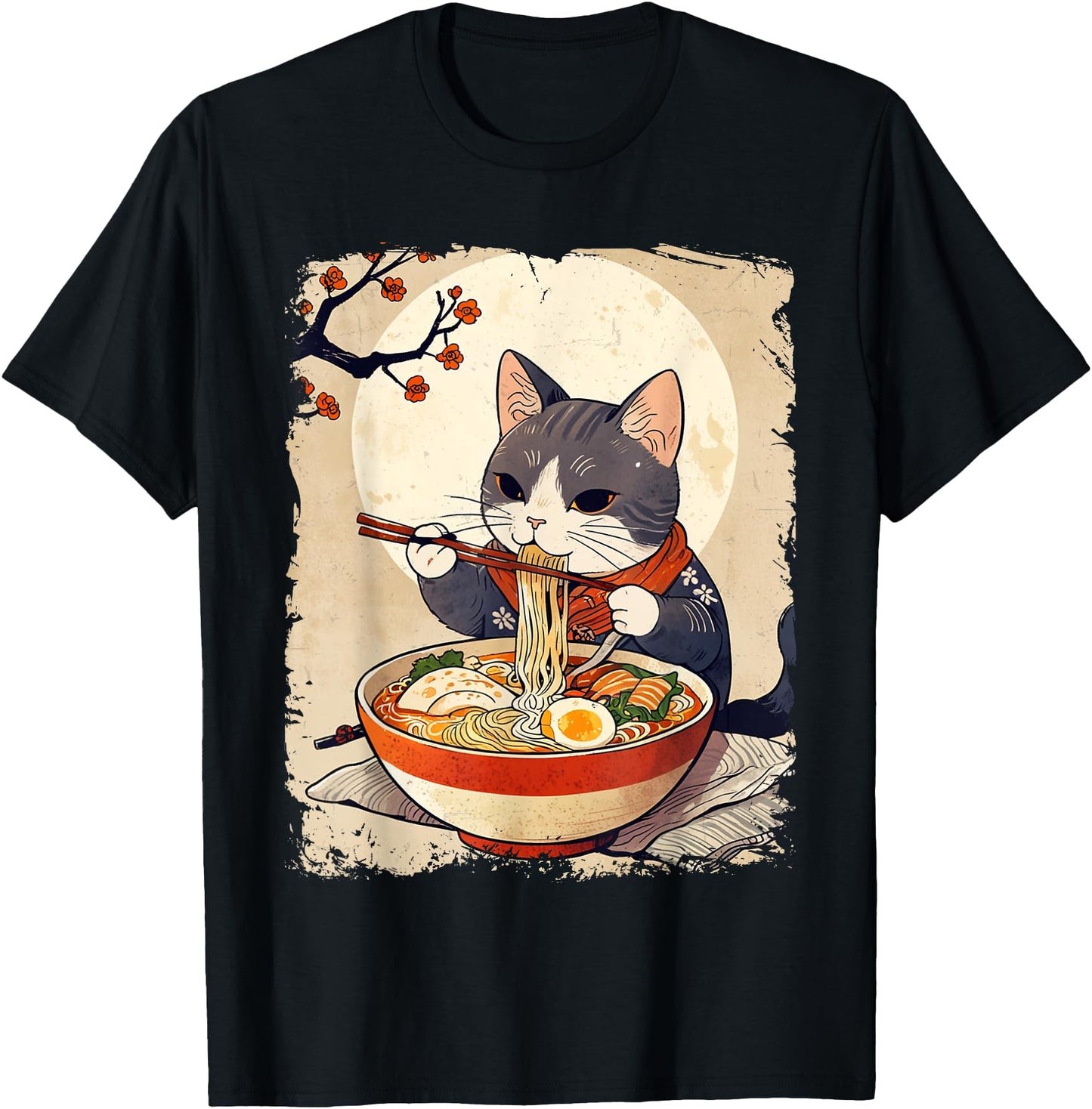 Kawaii Cat Eating Ramen Japanese Anime Ukiyo-e Funny Graphic