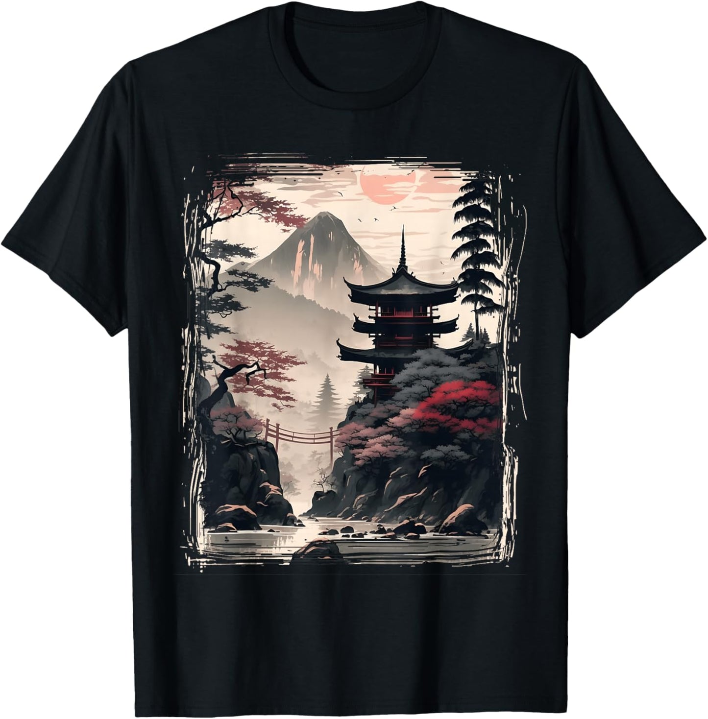 Vintage Japanese Flower Tee Mountain View Landscape Graphic