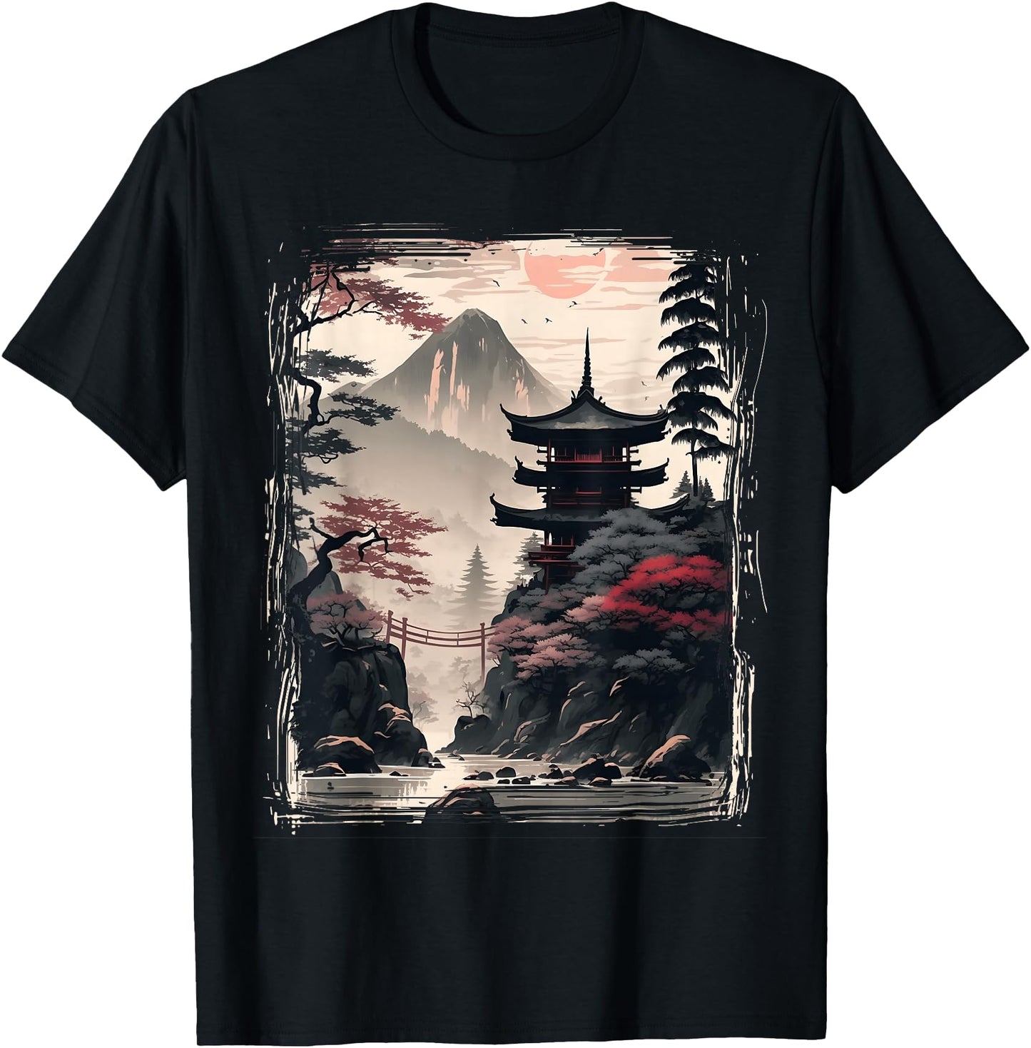 Vintage Japanese Flower Tee Mountain View Landscape Graphic
