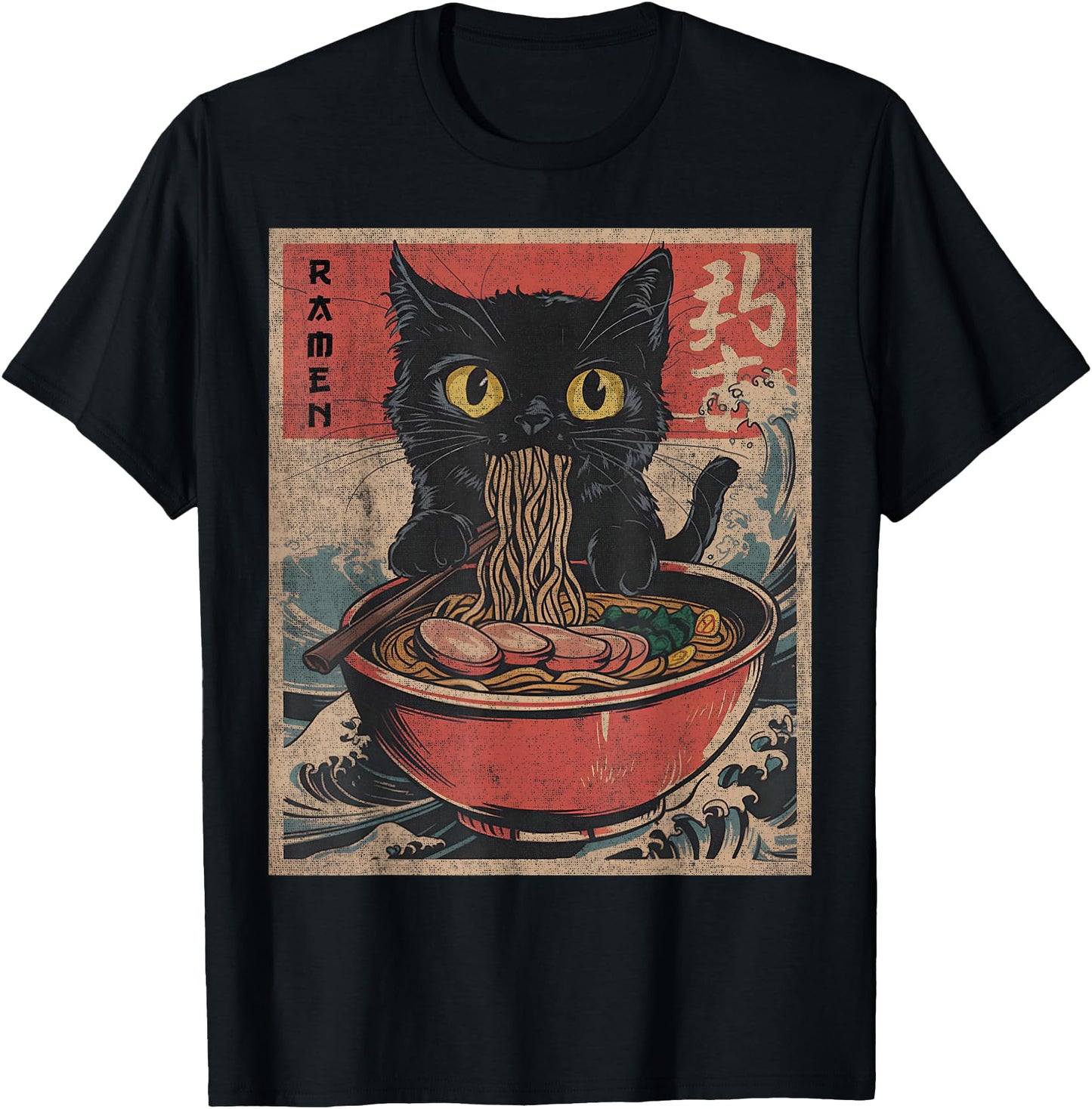 cat eating ramen shirt Japanese Funny Graphic Kawaii Noodles