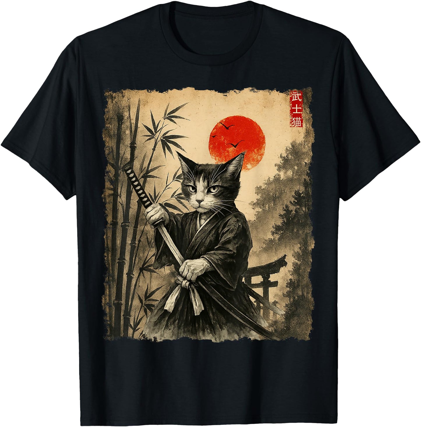 Samurai Cat Japanese Art Men Boys Funny Graphic Tee Anime