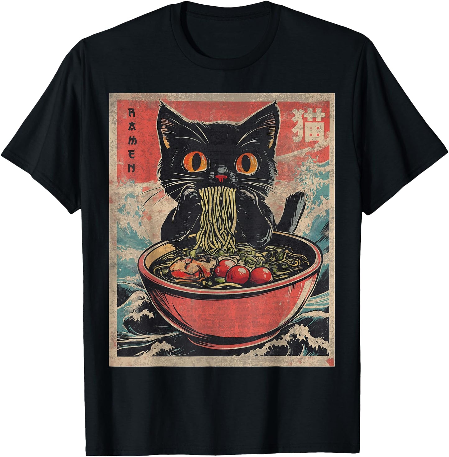 Anime Shirt For Men Women Cat Ramen Noodles Unisex Anime Cat Ramen Japanese Funny Graphic Tees Kawaii Cat Anime Gifts T-Shirt Black XS