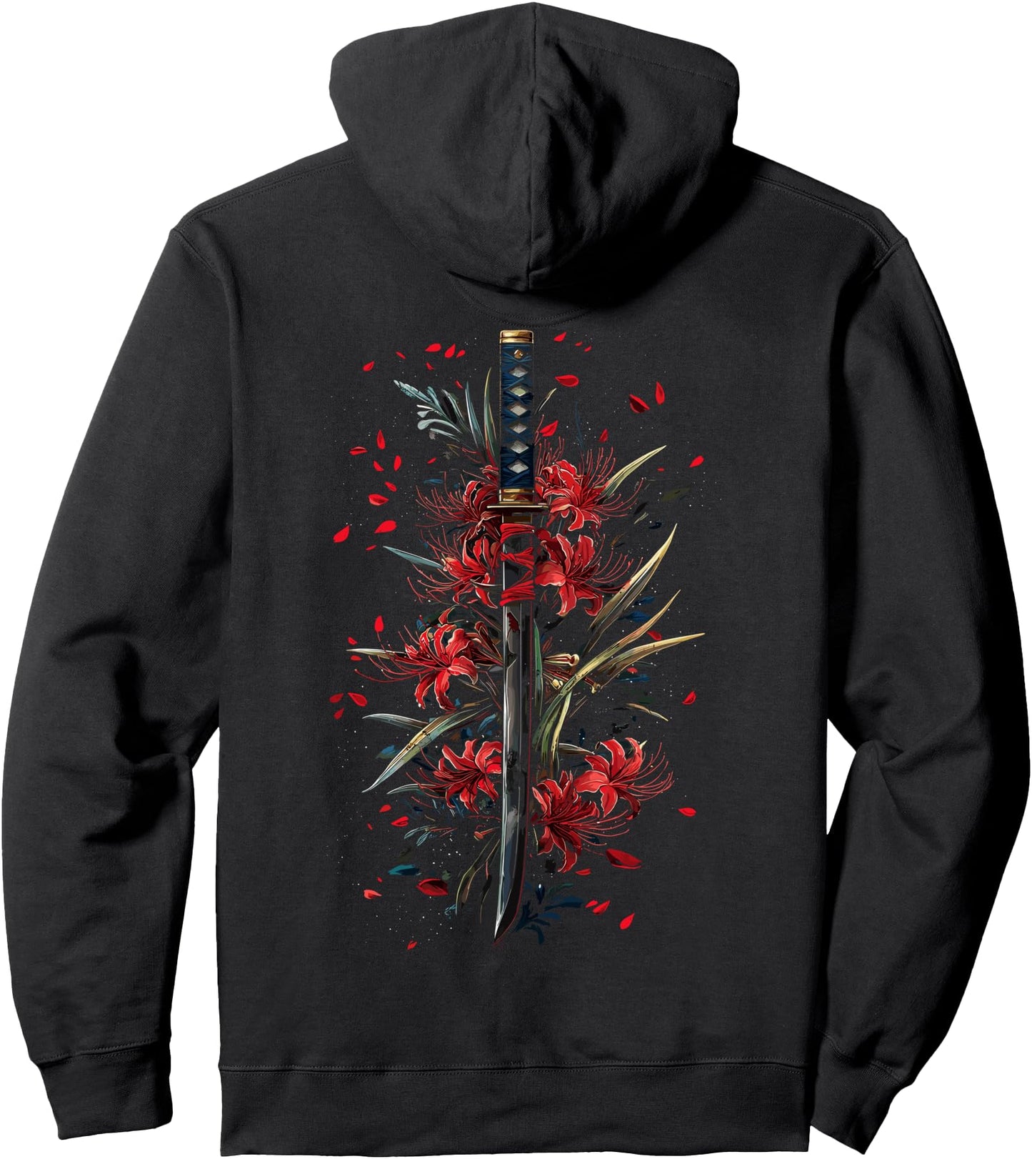 Red Spider Lily Flower Japanese Katana Sword Backprinted Pullover Hoodie
