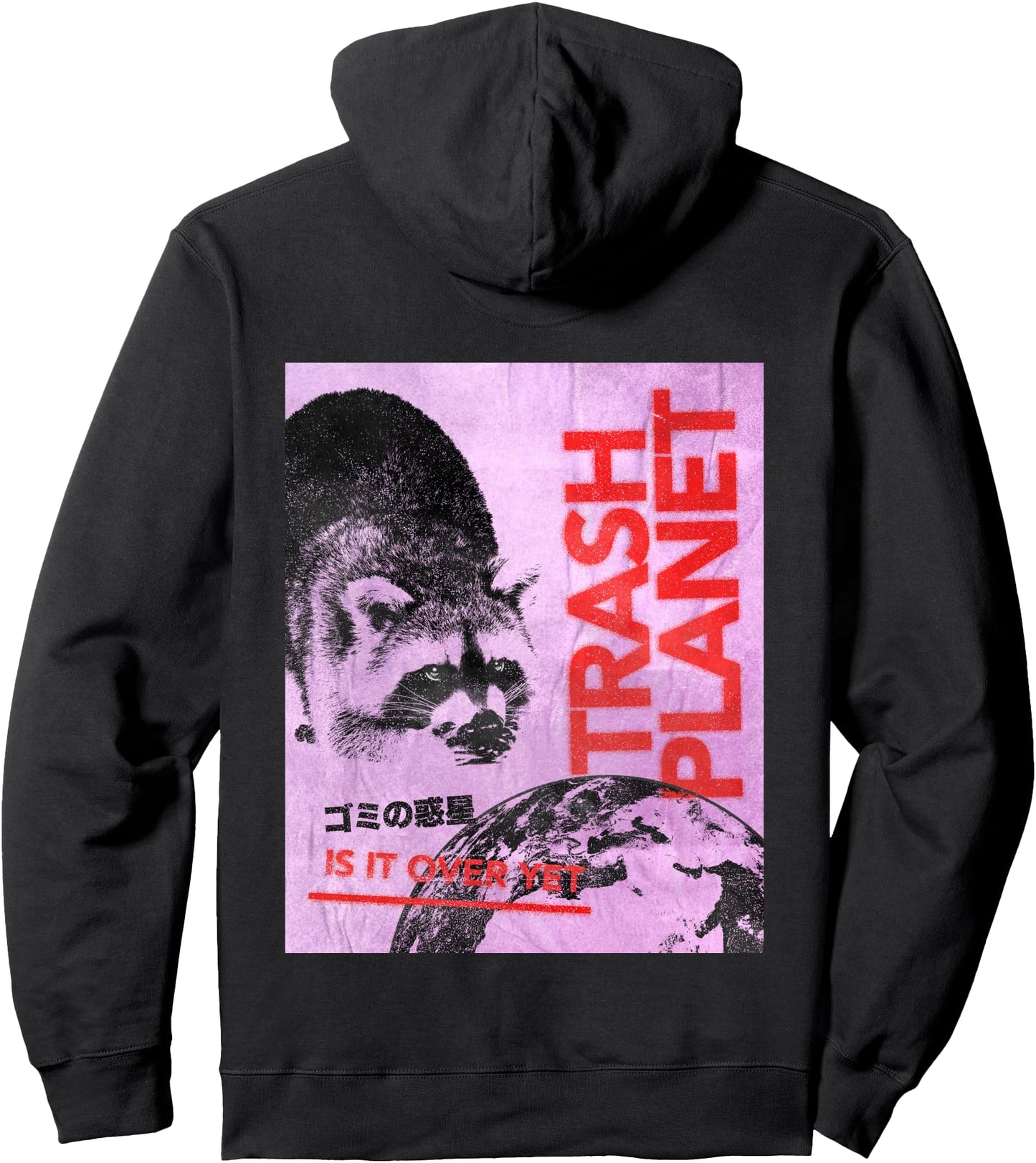 KTZWA Japanese Retro Vintage Y2K Streetwear Funny Raccoon Graphic Pullover Hoodie, Small, Black