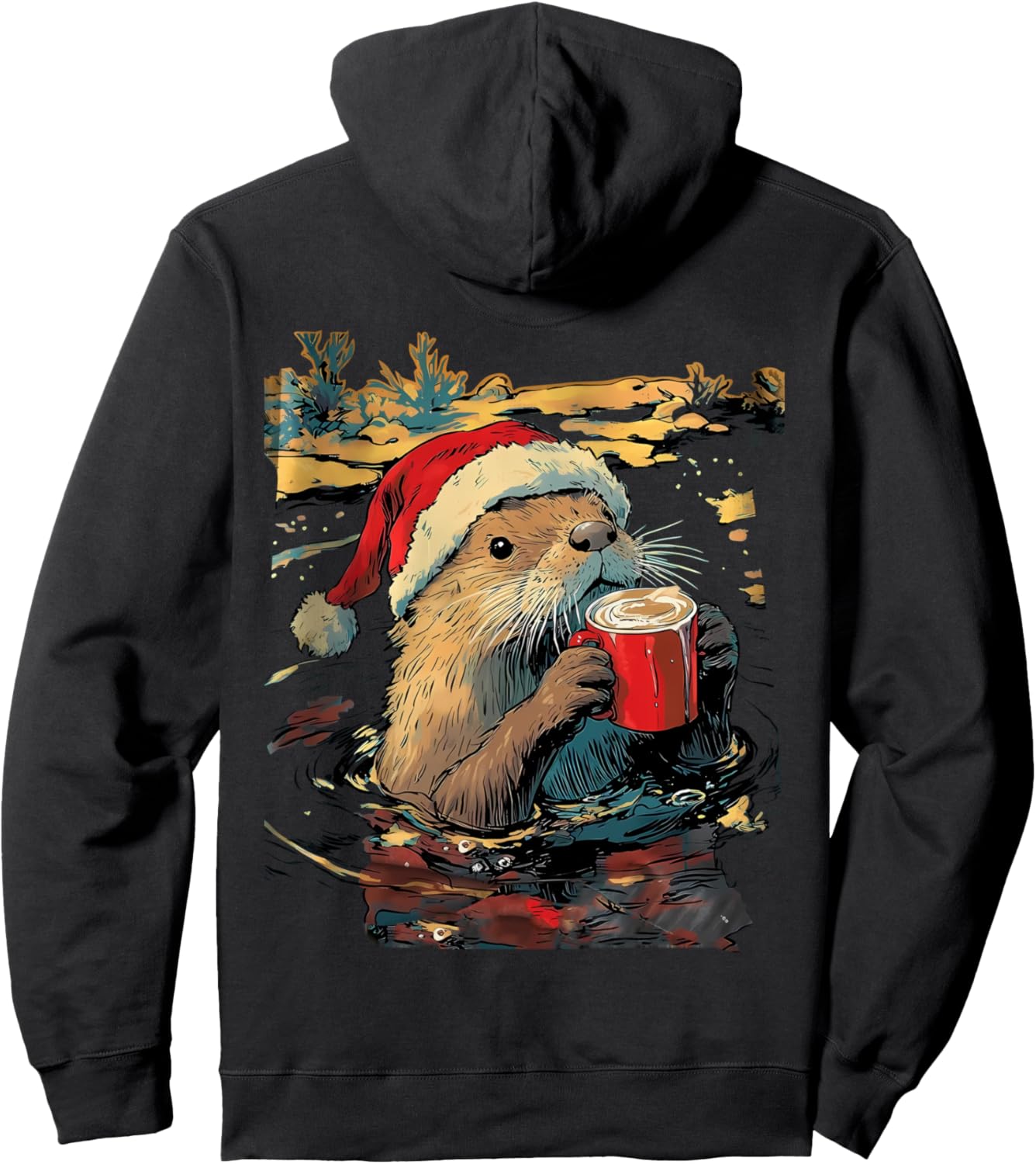 christmas otter drinks coffee art print Pullover Hoodie