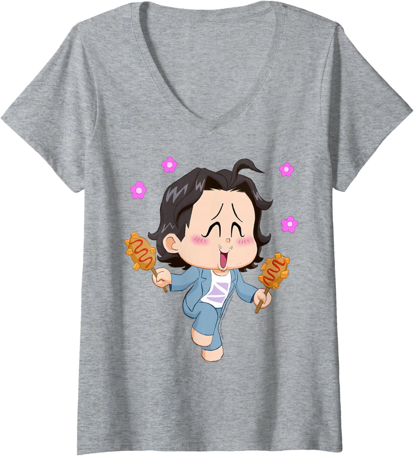 Womens Kpop Demon Hunters Halloween Chibi Bobby Enjoying Corn Dogs V-Neck