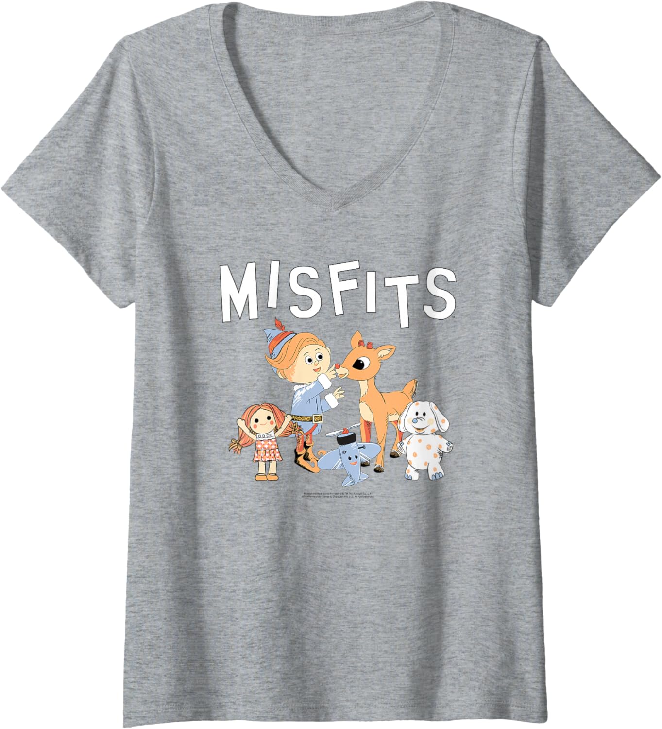 Womens Rudolph Misfit Toys Illustration Vintage Christmas Cartoon V-Neck