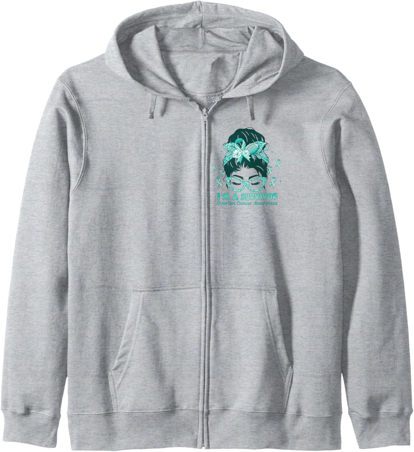 I'm A Survivor Messy Bun Women Teal Ovarian Cancer Awareness Zip Hoodie