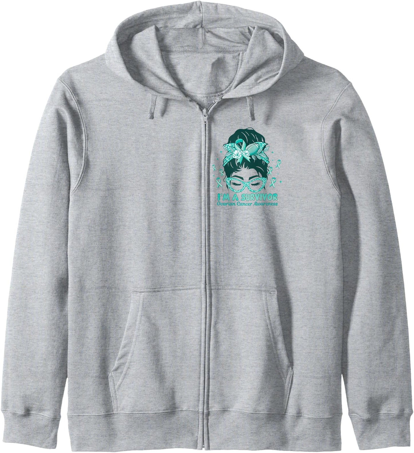 I'm A Survivor Messy Bun Women Teal Ovarian Cancer Awareness Zip Hoodie