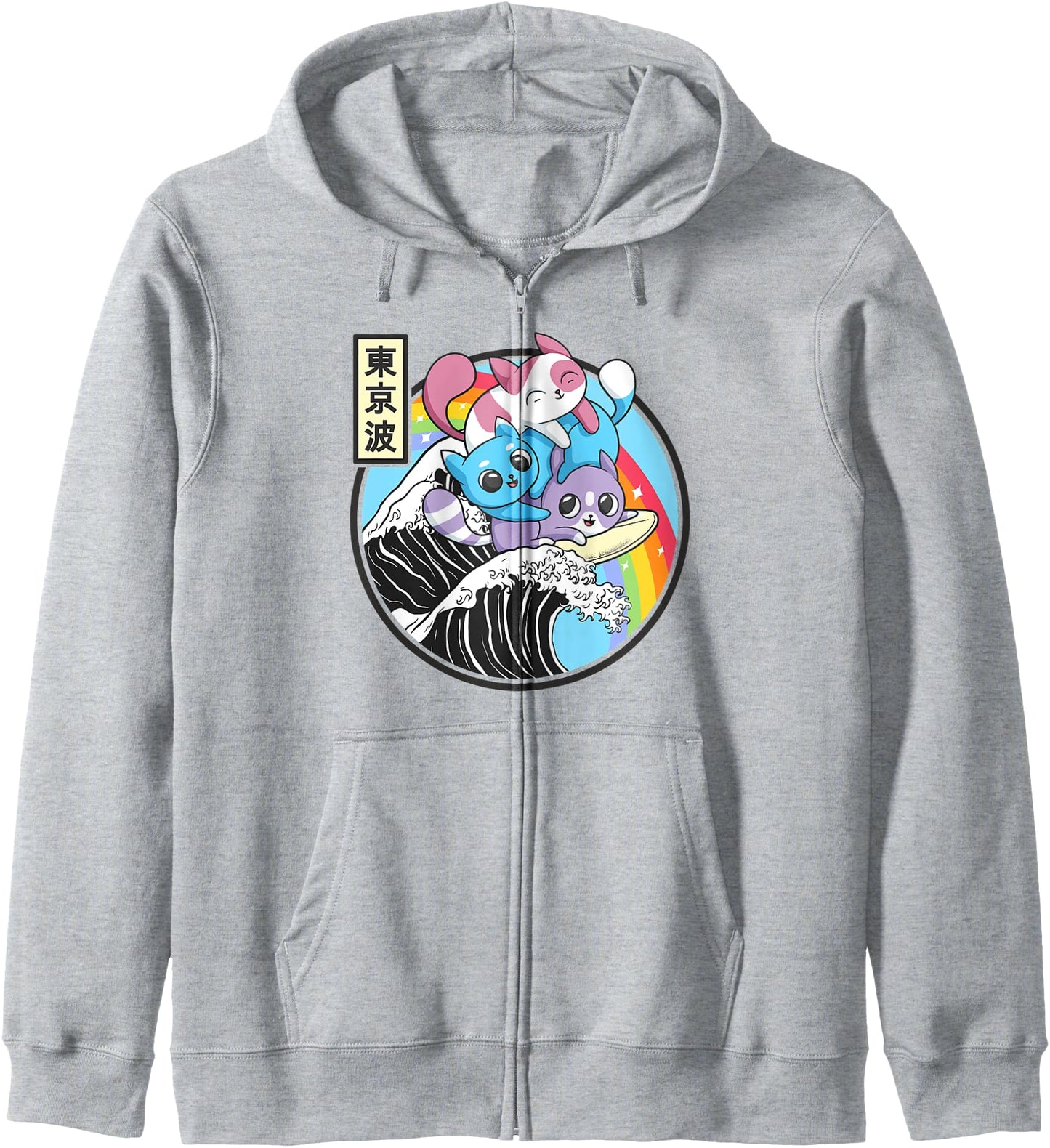 Playing Cats Surfing Kanagawa Wave Kawaii Anime Vaporwave Hoodie