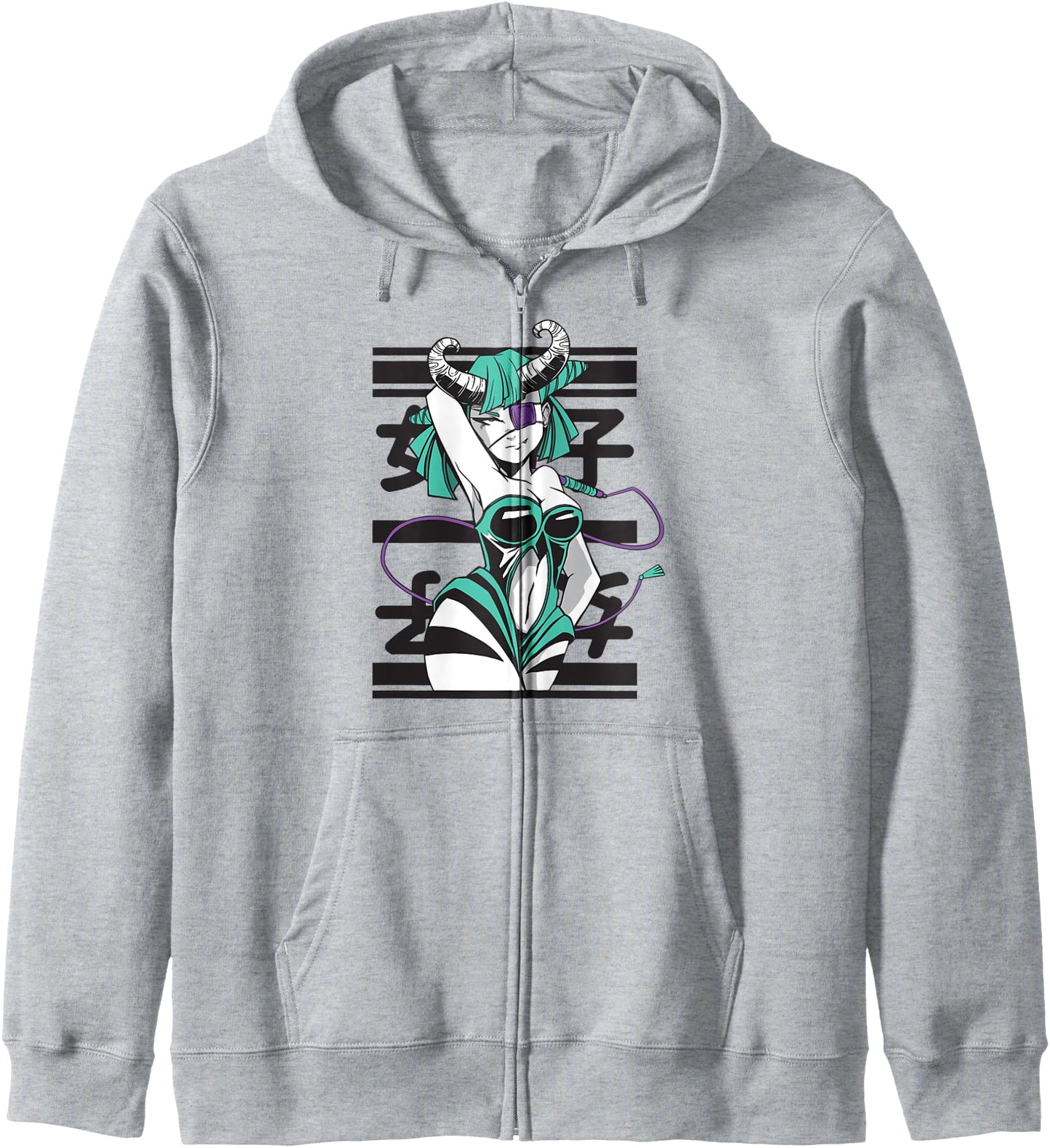 Anime Girl with Horns Illustration Eye Patch Japanese Pin Up Zip Hoodie