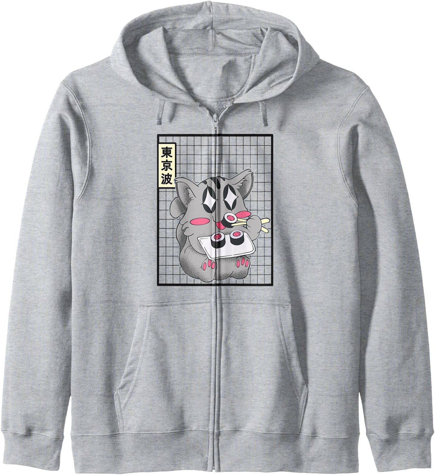 Kawaii Cat Eating Sushi Japanese Grid Girls Teen Anime Hoodie