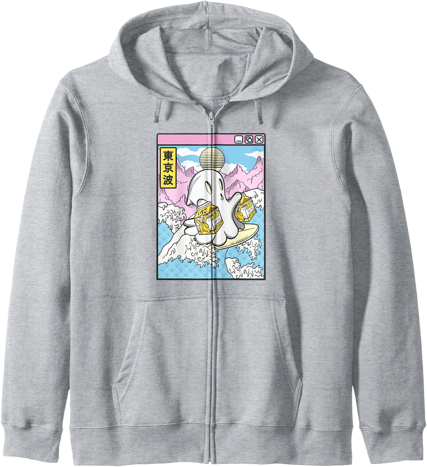 Surfing Ghost Banana Milk Japanese Waves Kawaii Vaporwave Zip Hoodie