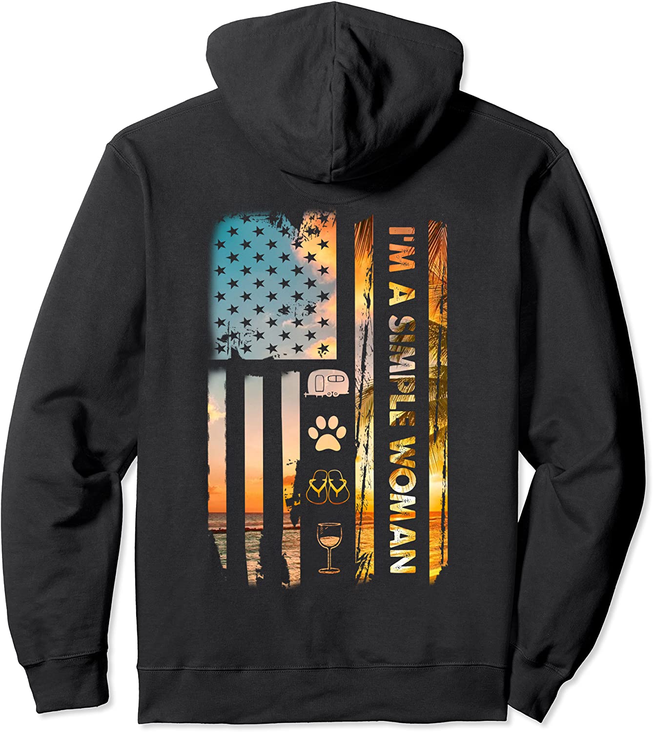 Im A Simple Woman Camping Wine Flip Flops Dog Camp USA Flag Pullover Hoodie