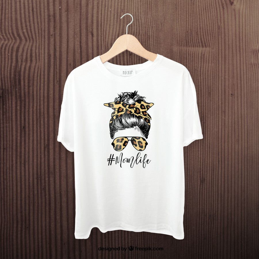 Classy Mom Life With Leopard Pattern Shades Cool Messy Bun T-Shirt