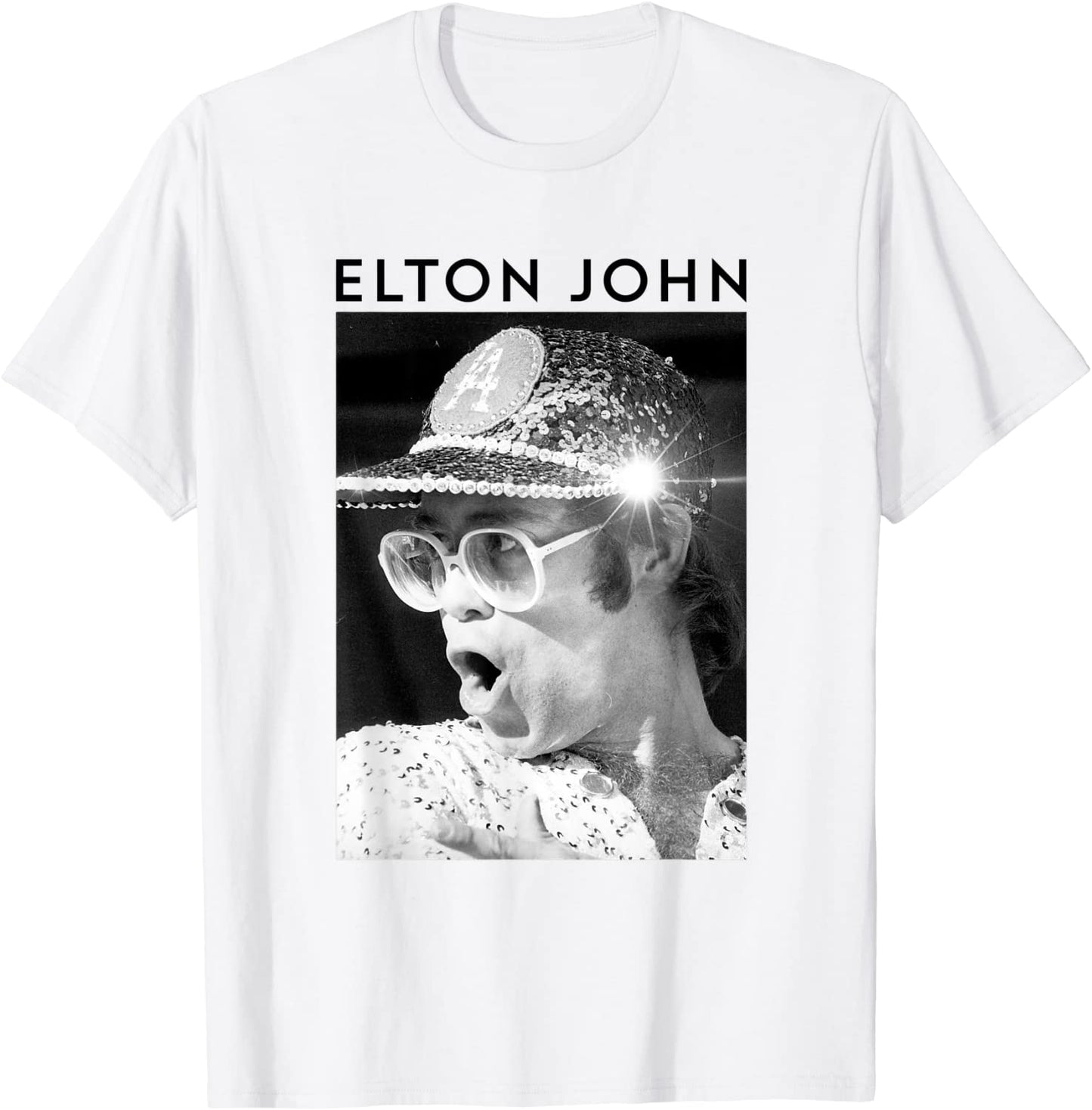 Elton John Official Black White Photo Sequin Cap T-Shirt