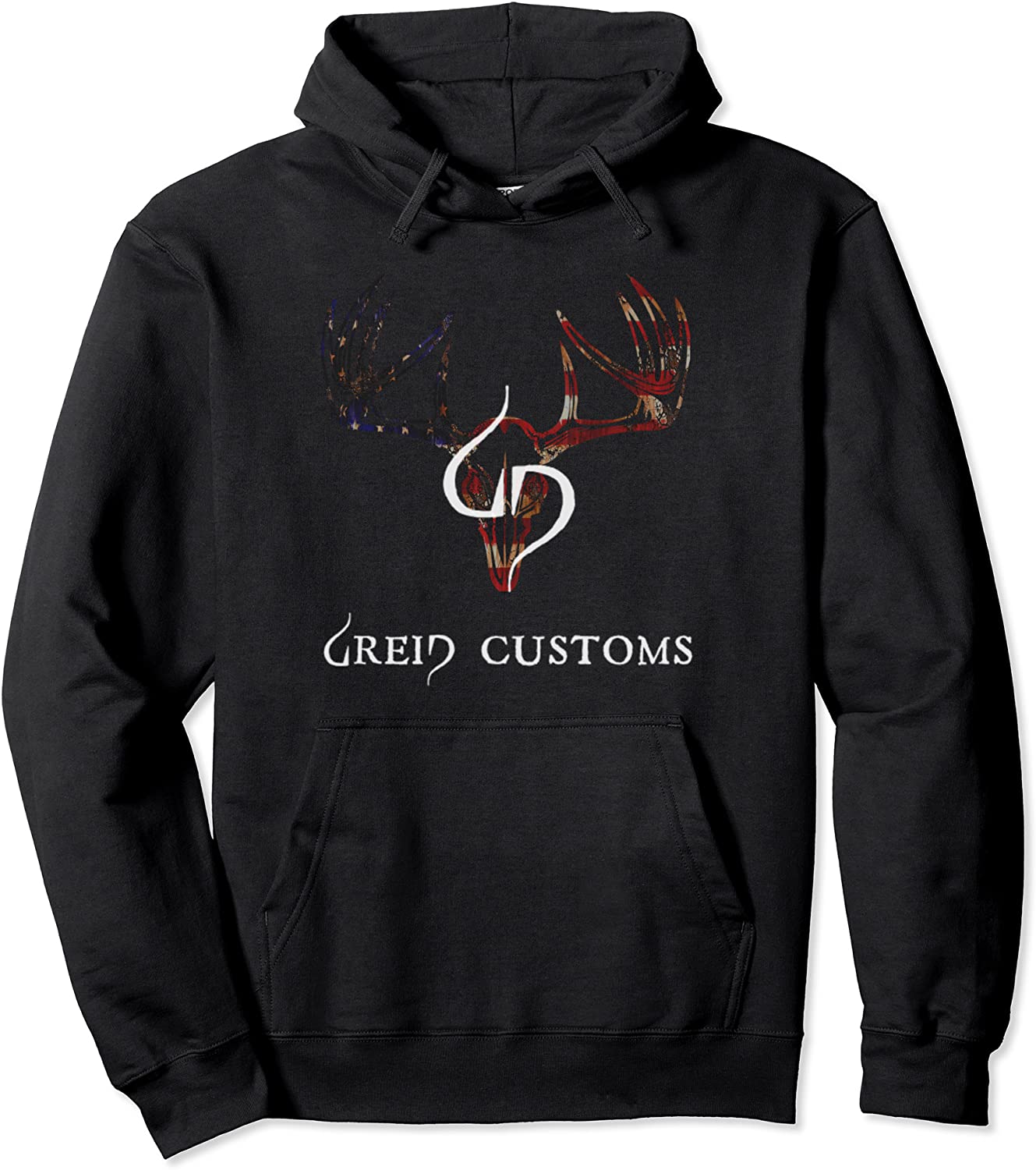 Greid Customs logo in white with faded US Flag Deer Head Pullover Hoodie