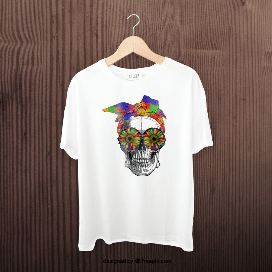 Cool Sugar Skull Bandana Colorful Sunflower Day Of The Dead T-Shirt