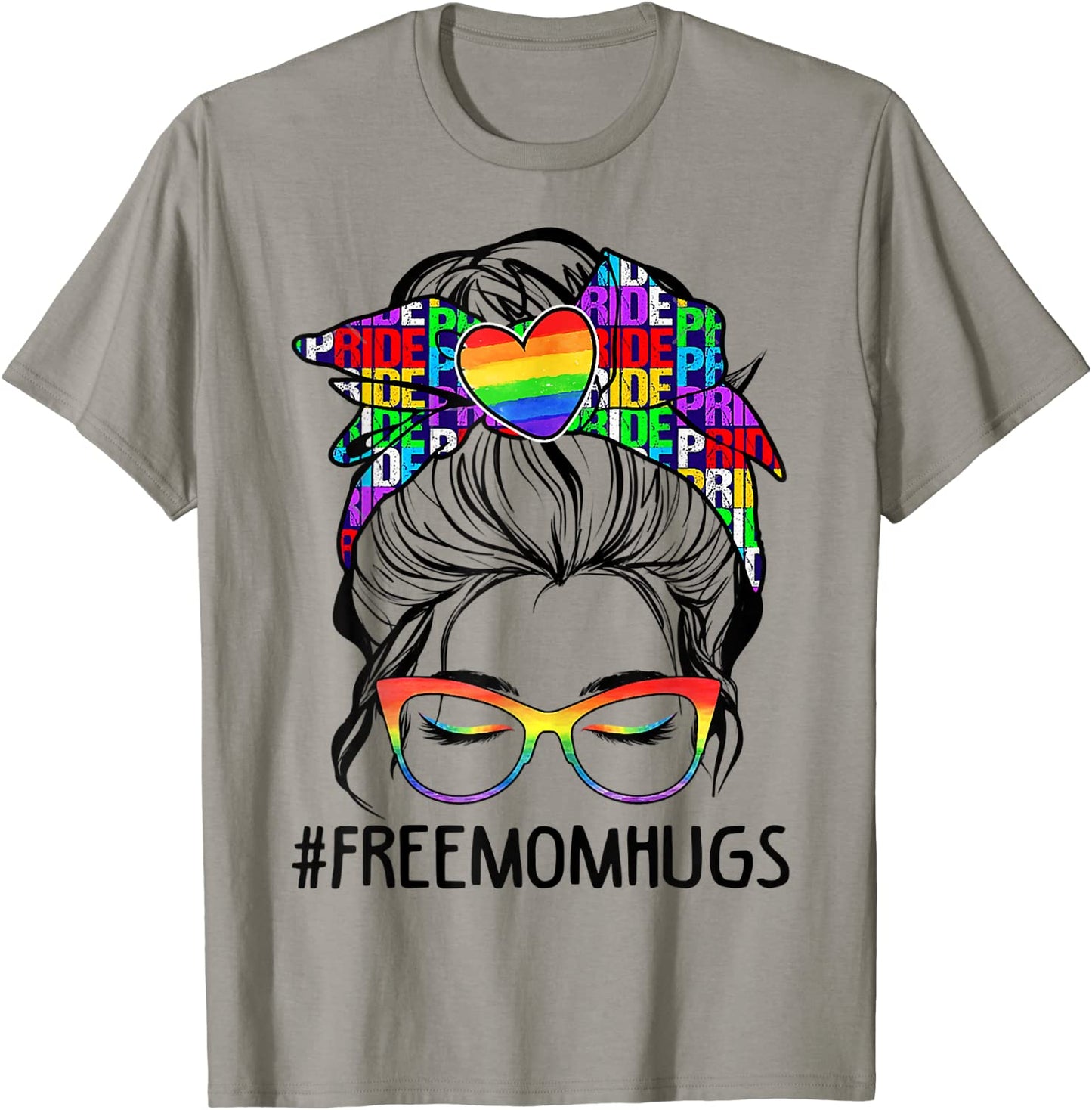 Womens Free Mom Hugs Messy Bun LGBT Pride Rainbow T-Shirt