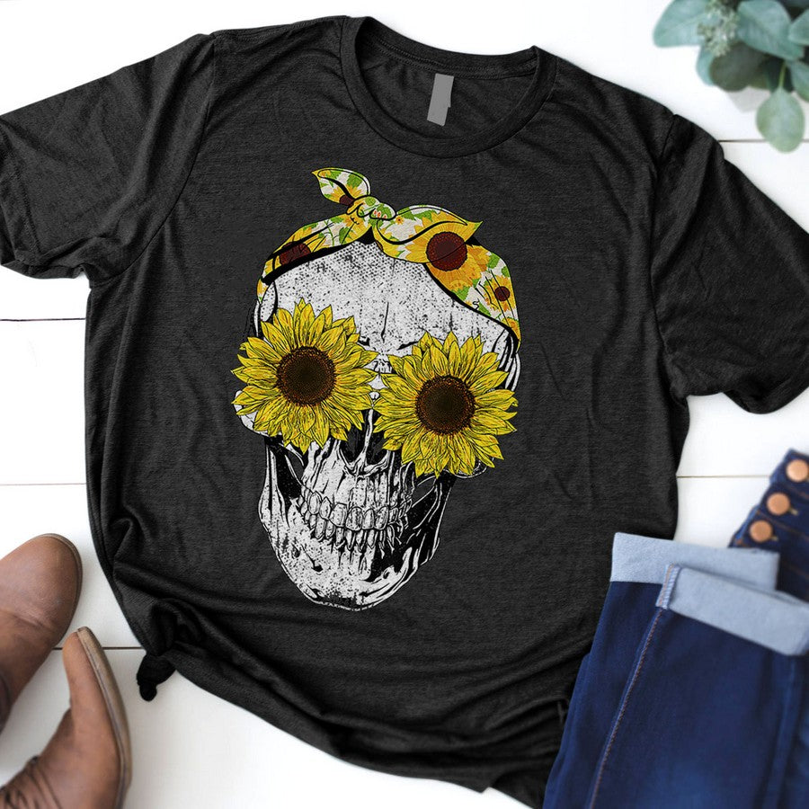 Funny Skull Sunflower Shirt Skeleton Bandana Sunflower Skull T-Shirt