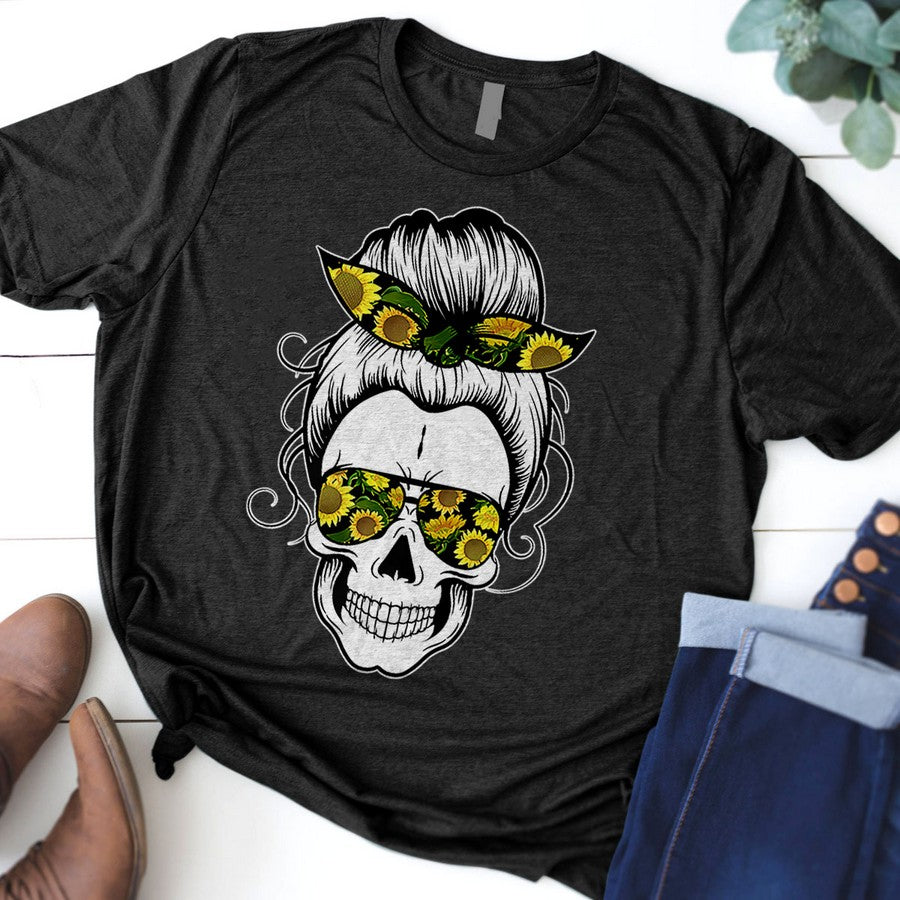 Messy Bun Skull Shirts For Women Sunflower Bandana Halloween Premium T-Shirt