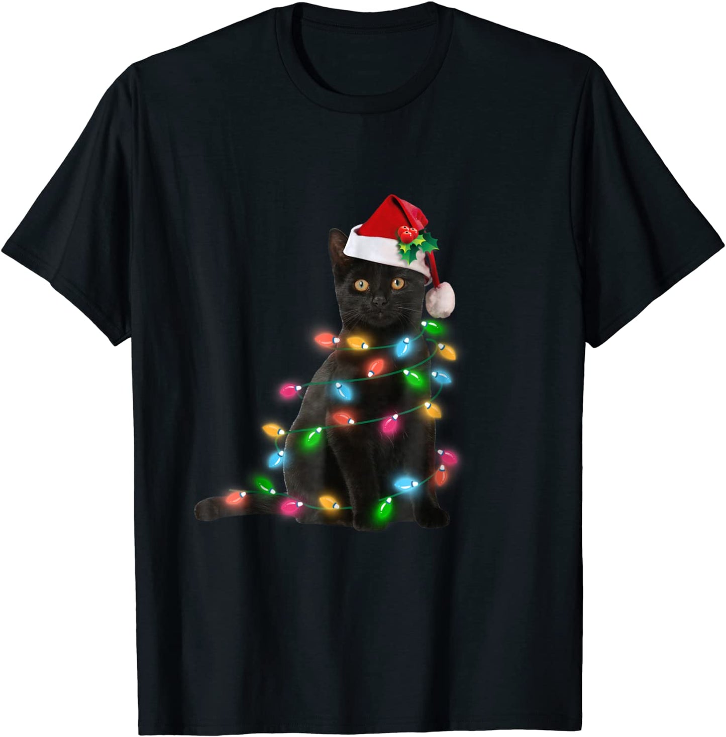 Black Cat christmas light tshirt funny cat lover christmas