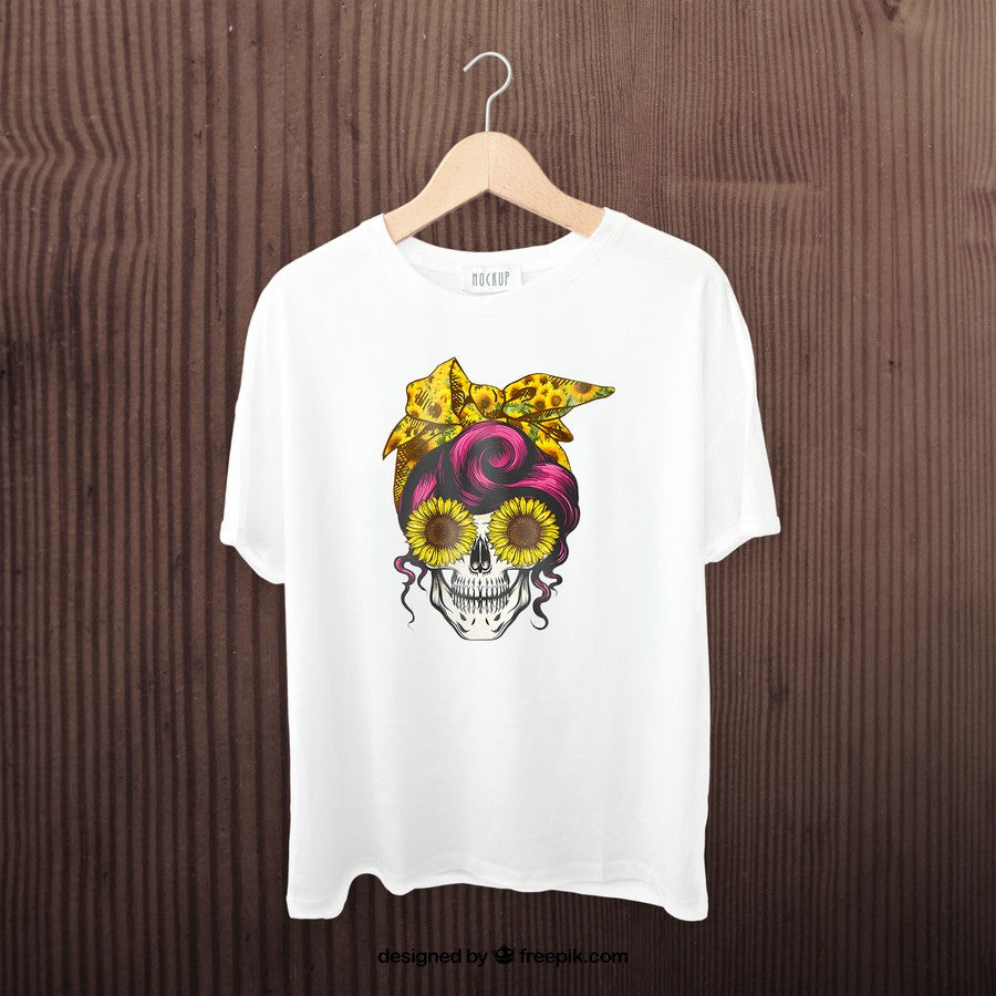Womens Skull Bandana Sunflower Funny Halloween Gift For Wife Her V-Neck T-Shirt