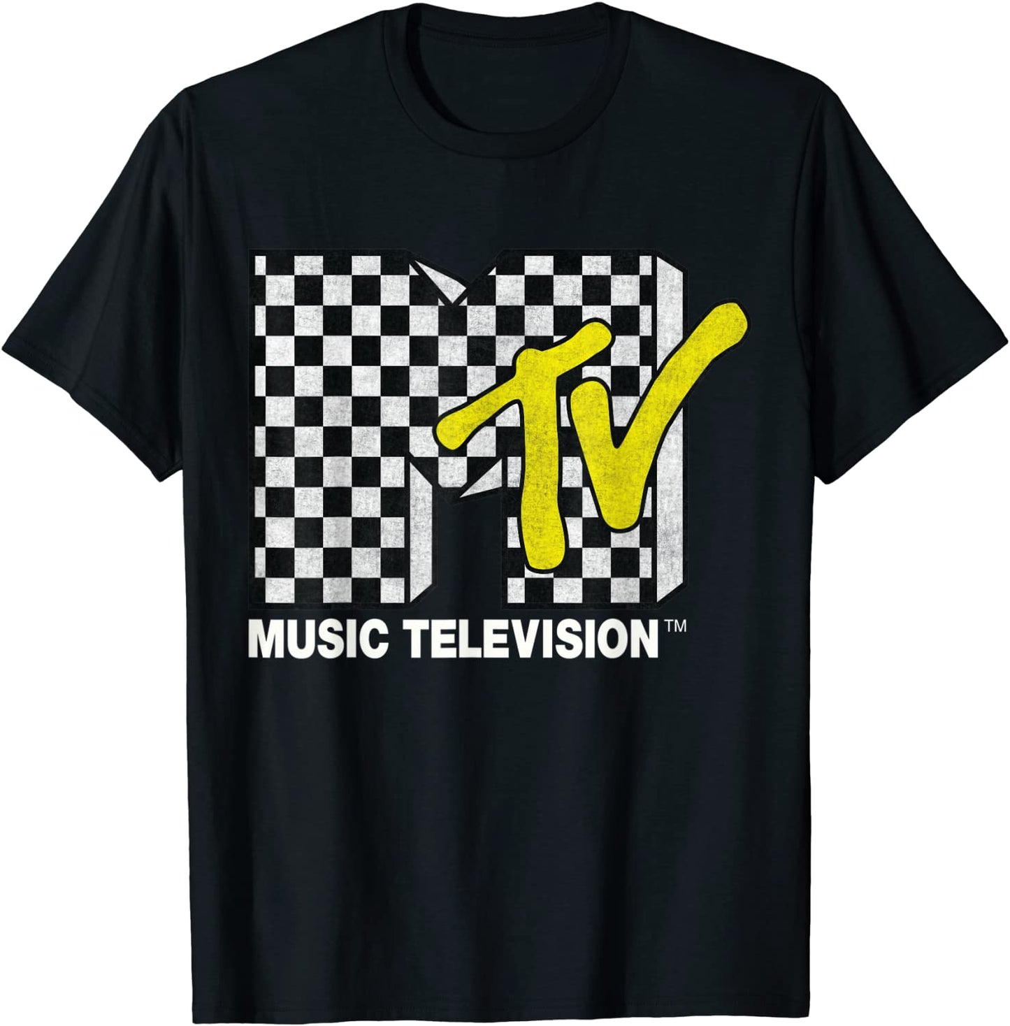 Classic MTV Logo Distressed Checkered Print T-Shirt