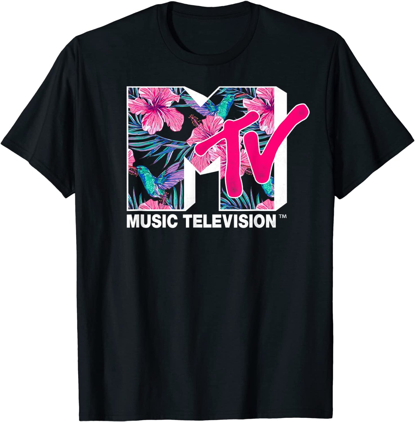 MTV Hummingbird Tropical Flower Logo Fill Graphic T-Shirt