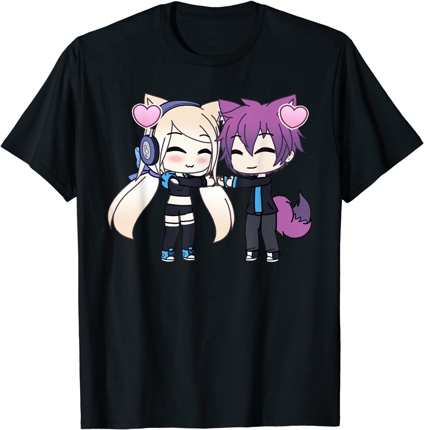 Cute Chibi style Kawaii Anime Girl and Boy Couple and Hearts T-Shirt