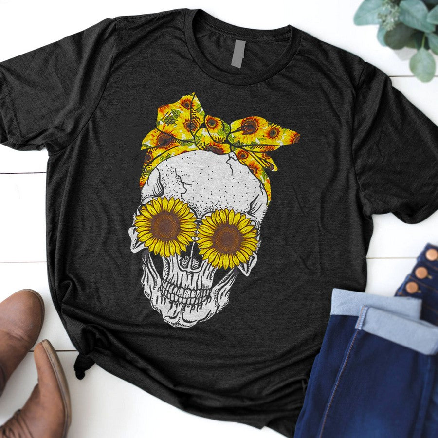 Skull Bandana Sunflower Skull Cute Shirt T-Shirt
