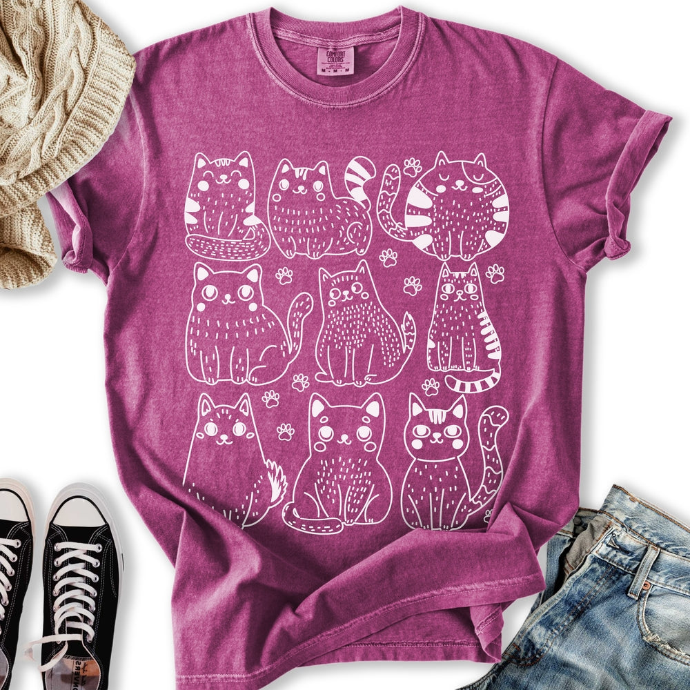 Line Art Cats T Tee Retro Fashion