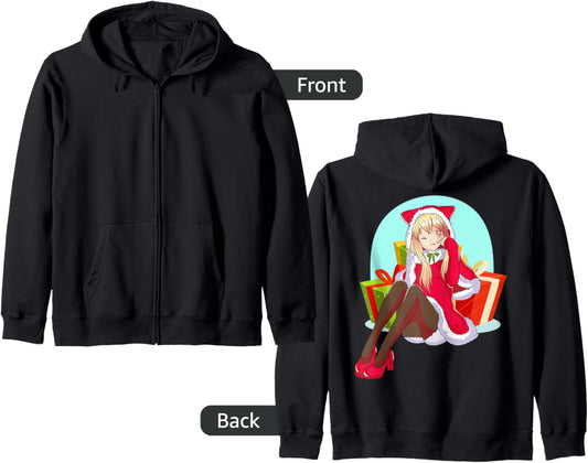 Christmas Anime Girl with Presents Zip Hoodie