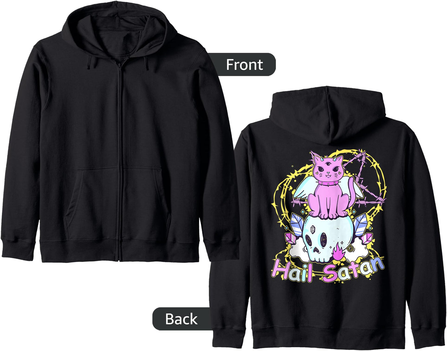 Funny Hail Satan Pastel Goth Demon Cat Creepy Cute Kawaii Zip Hoodie