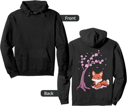 Cherry Blossom Tree & Flowers With Kawaii Chibi Fox Anime Pullover Hoodie