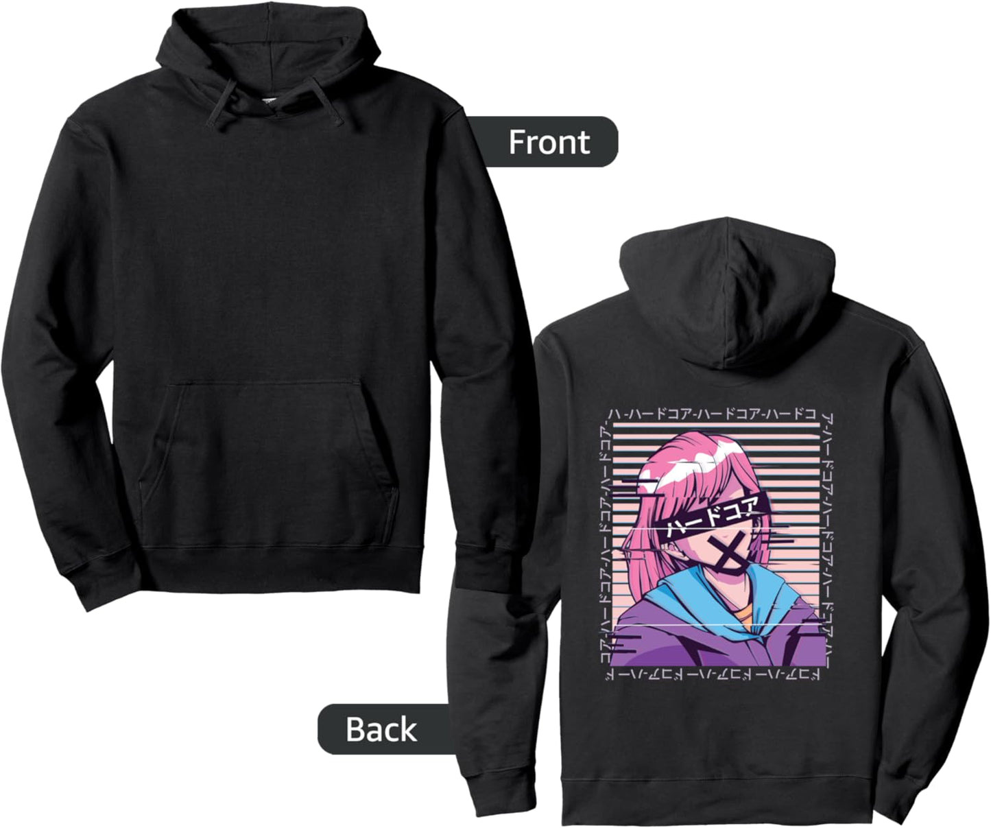 Anime Glitch Japanese Letters on Back Anime Girl Graphic Pullover Hoodie
