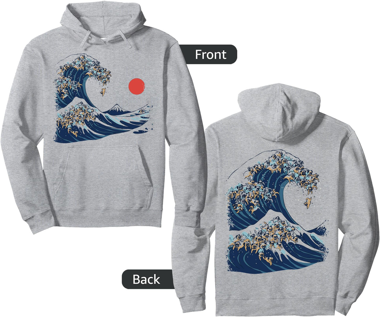 The Great Wave of Pugs Funny Japanese Art Sweatshirt Pullover Hoodie