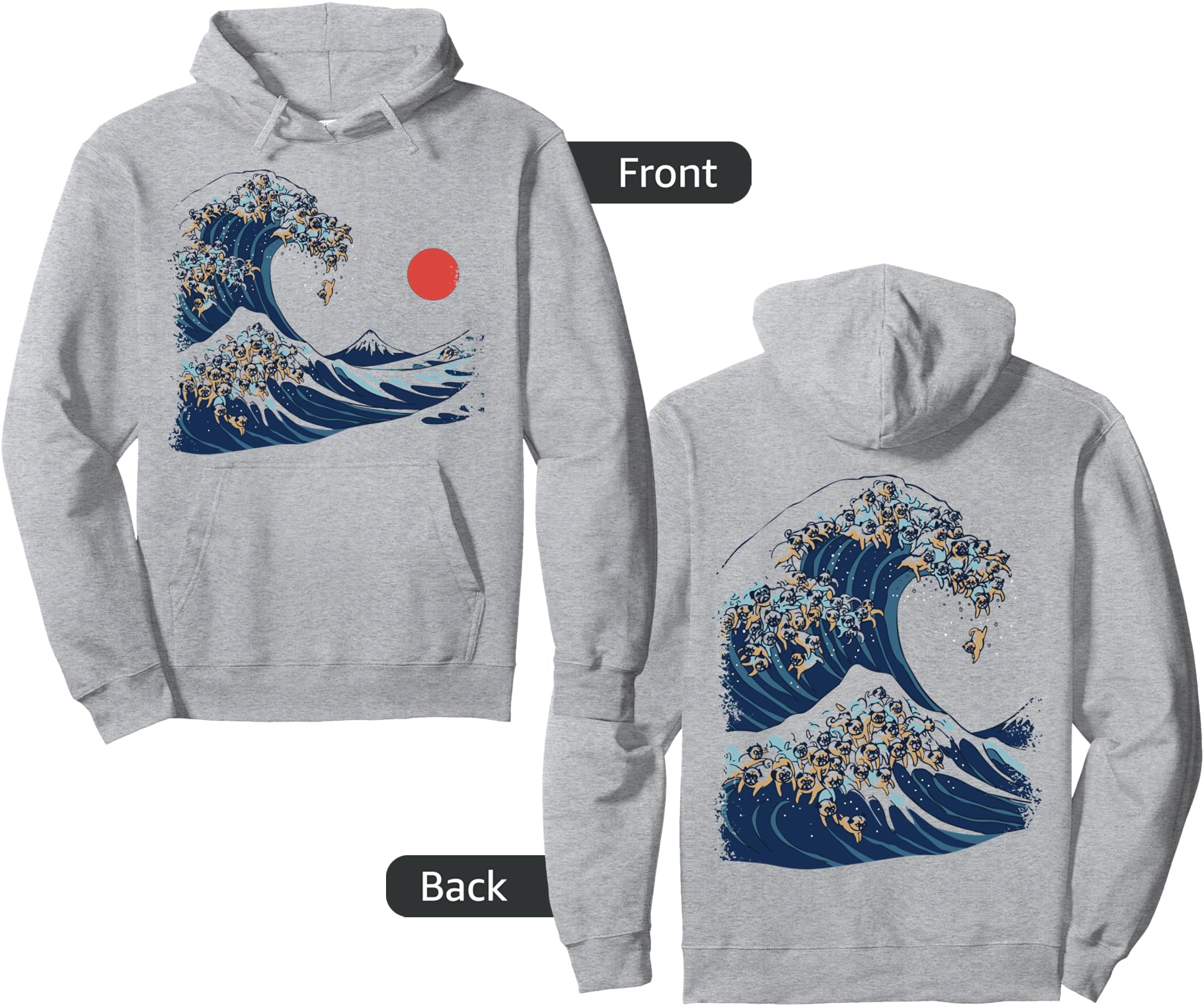 The Great Wave of Pugs Funny Japanese Art Sweatshirt Pullover Hoodie