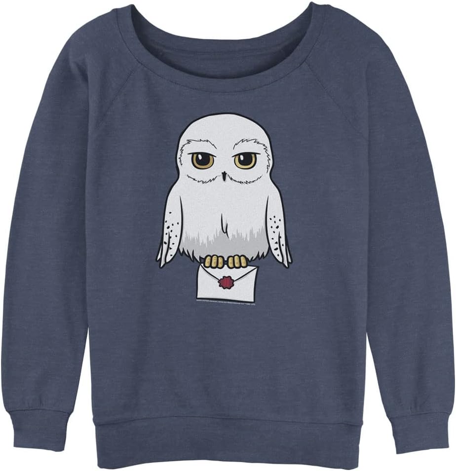 Harry Potter Women's Deathly Hallows Anime Hedwig Mail Junior's Raglan Pullover with Coverstitch