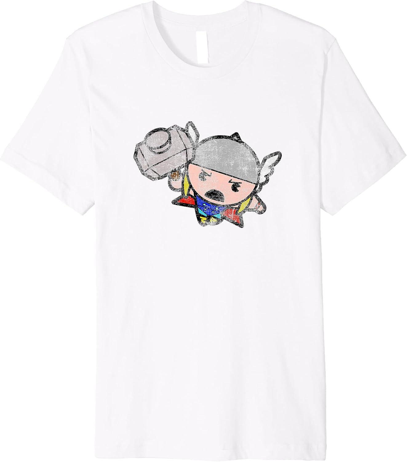 Marvel Kawaii Chibi Thor Charging To Battle Distressed Logo Premium T-Shirt