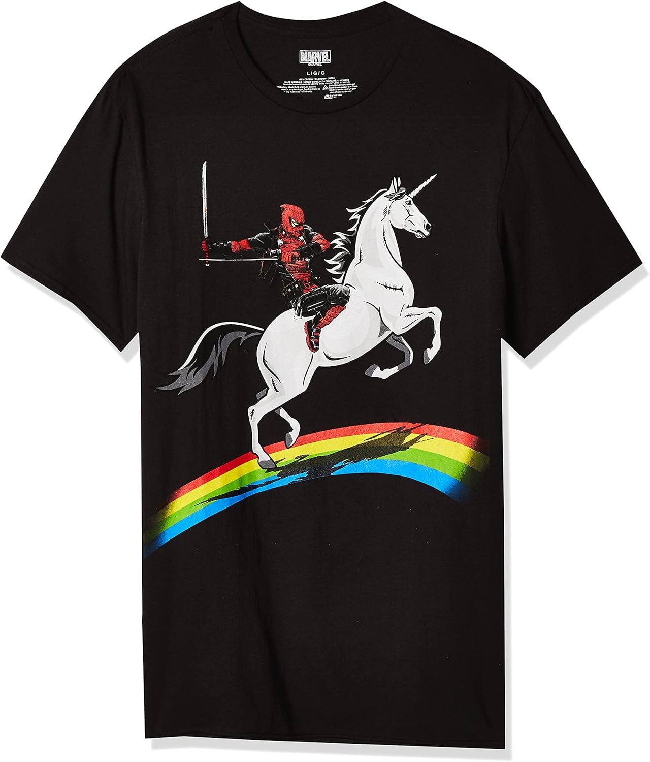 Marvel Deadpool Unisex-Adult Deadpool Riding a Unicorn on a Rainbow