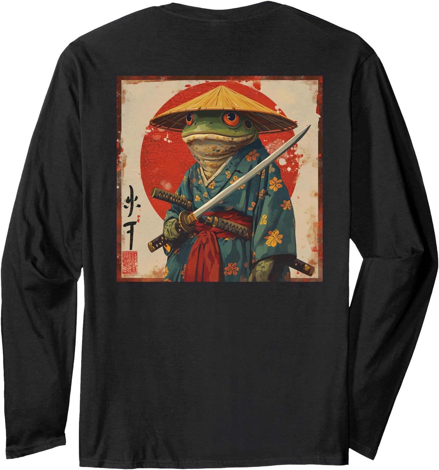 Japanese Woodblock Art: Samurai Frog Japanese kanji on back Long Sleeve
